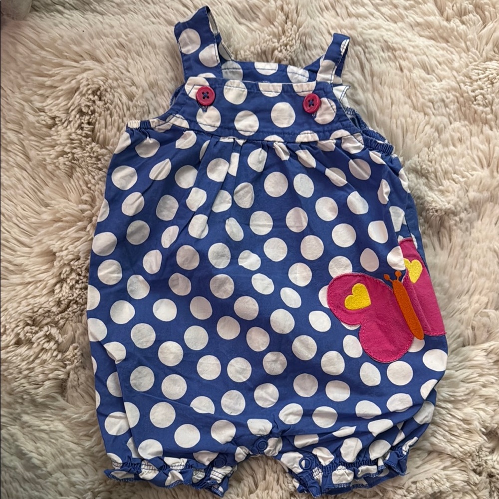 Polka Dot Blue Romper with Butterfly Design